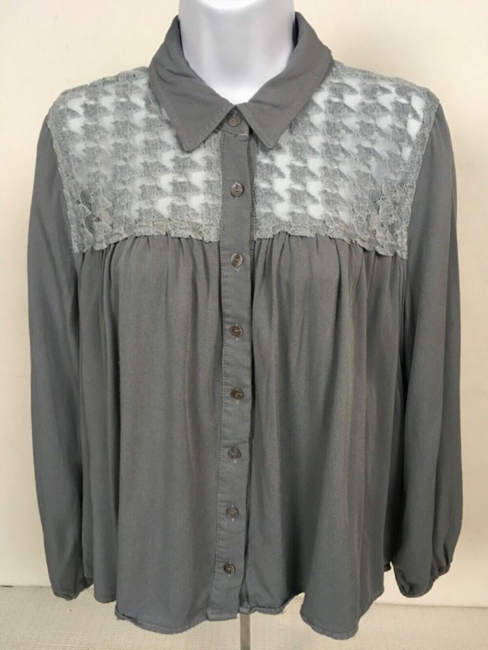 EE Some Womens Top Size S Gray Button Down Lace Neckline Long Sleeves